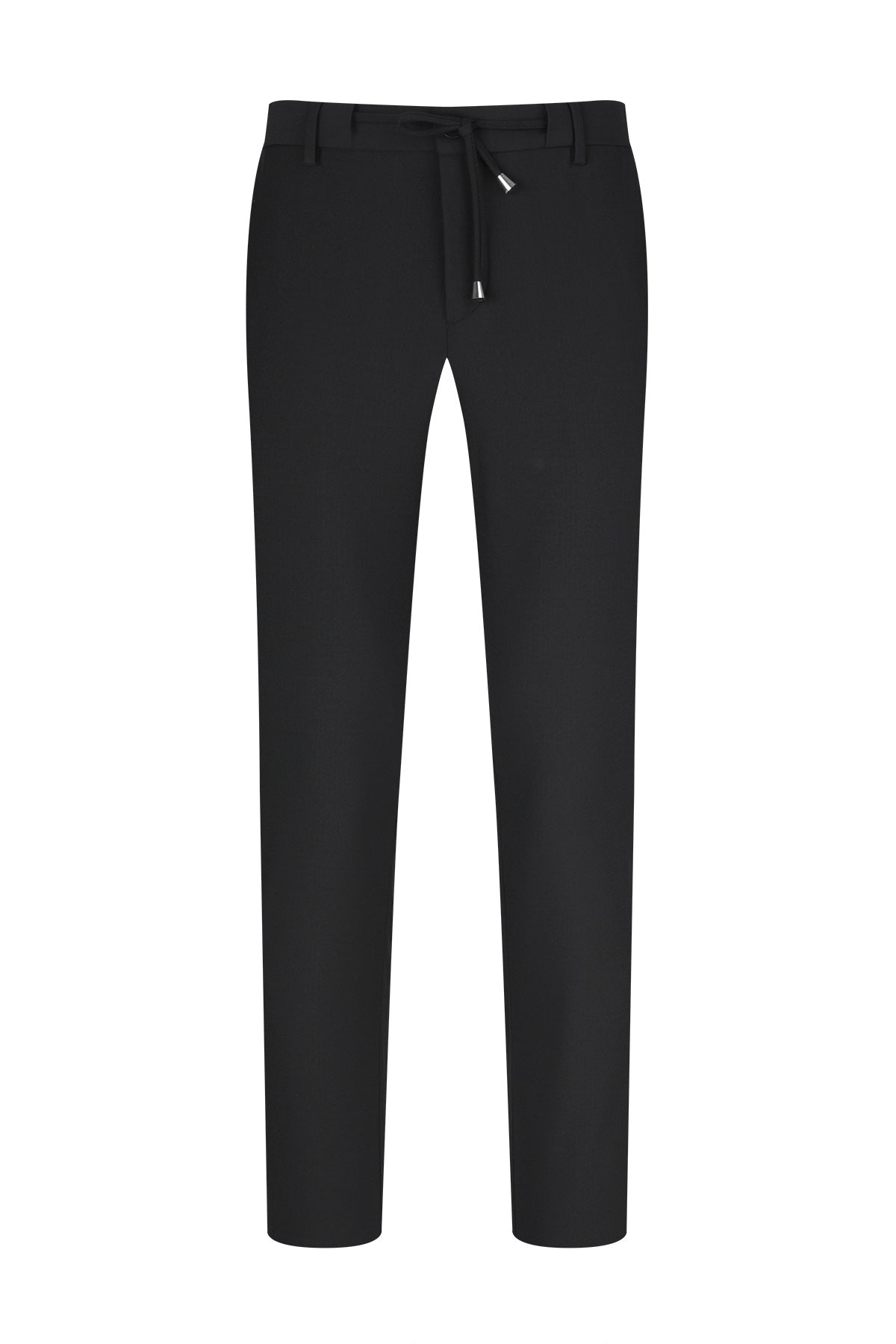 Black tapered trousers with a drawstring waistband and subtle metallic hardware accents.