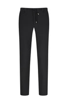 Black tapered trousers with a drawstring waistband and subtle metallic hardware accents.