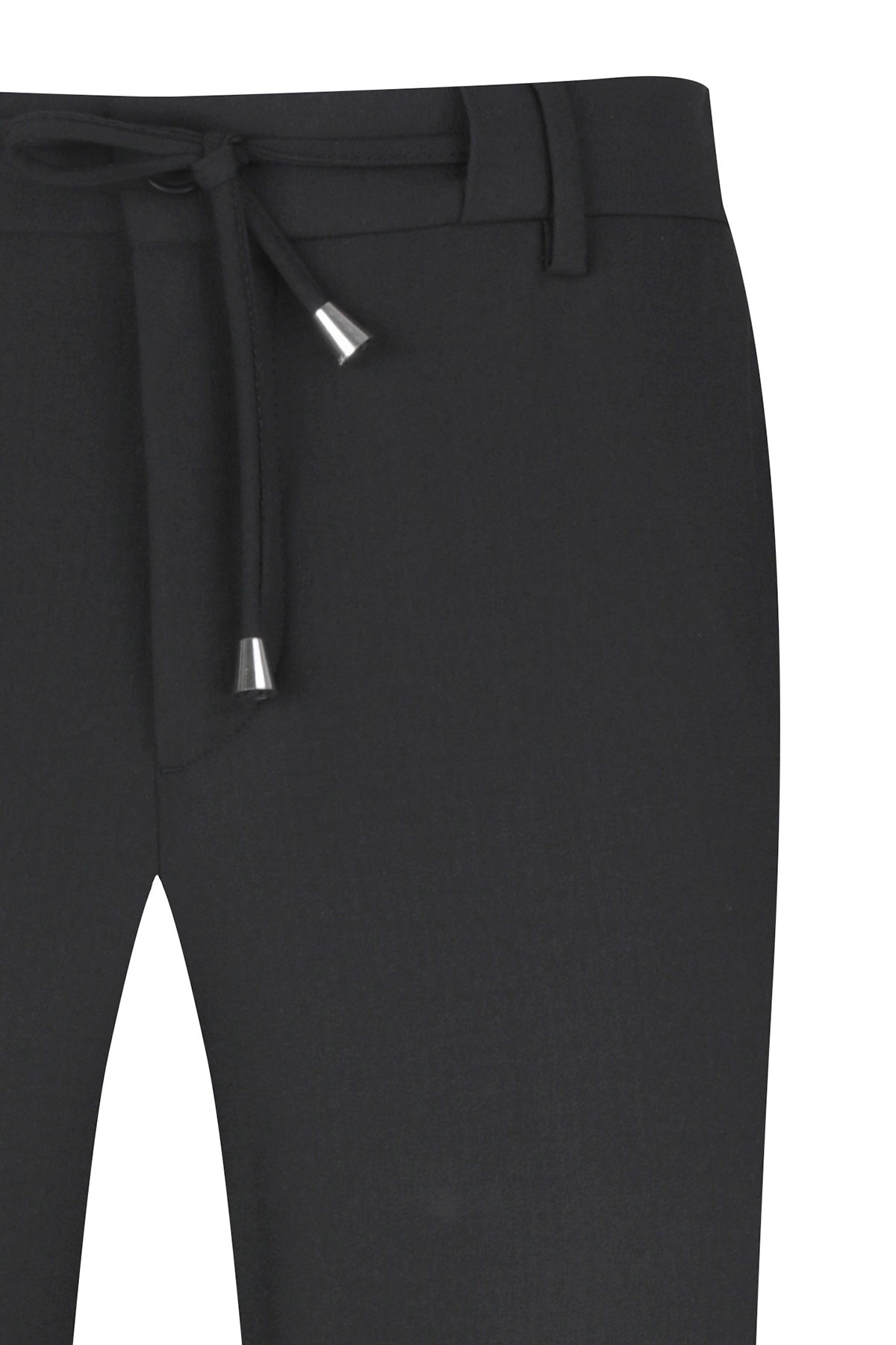Black drawstring pants with silver-toned metal aglets on the cord ends.
