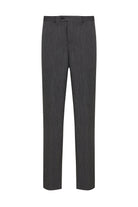 Dark gray wool trousers with a subtle herringbone weave and classic tailored fit.