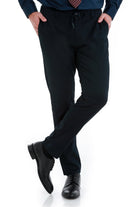 Black formal trousers with a drawstring waistband and subtle pleats.