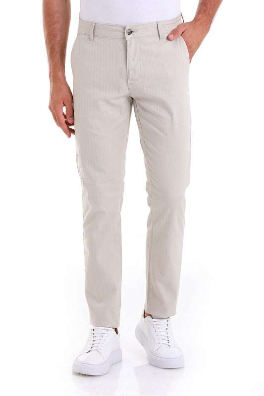 Beige chino trousers with a slim fit and subtle texture.