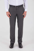 Dark gray textured wool suit pants with a subtle herringbone pattern and a classic tapered fit.