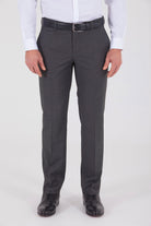 Dark gray tailored suit pants with a sleek, formal design and subtle texture.