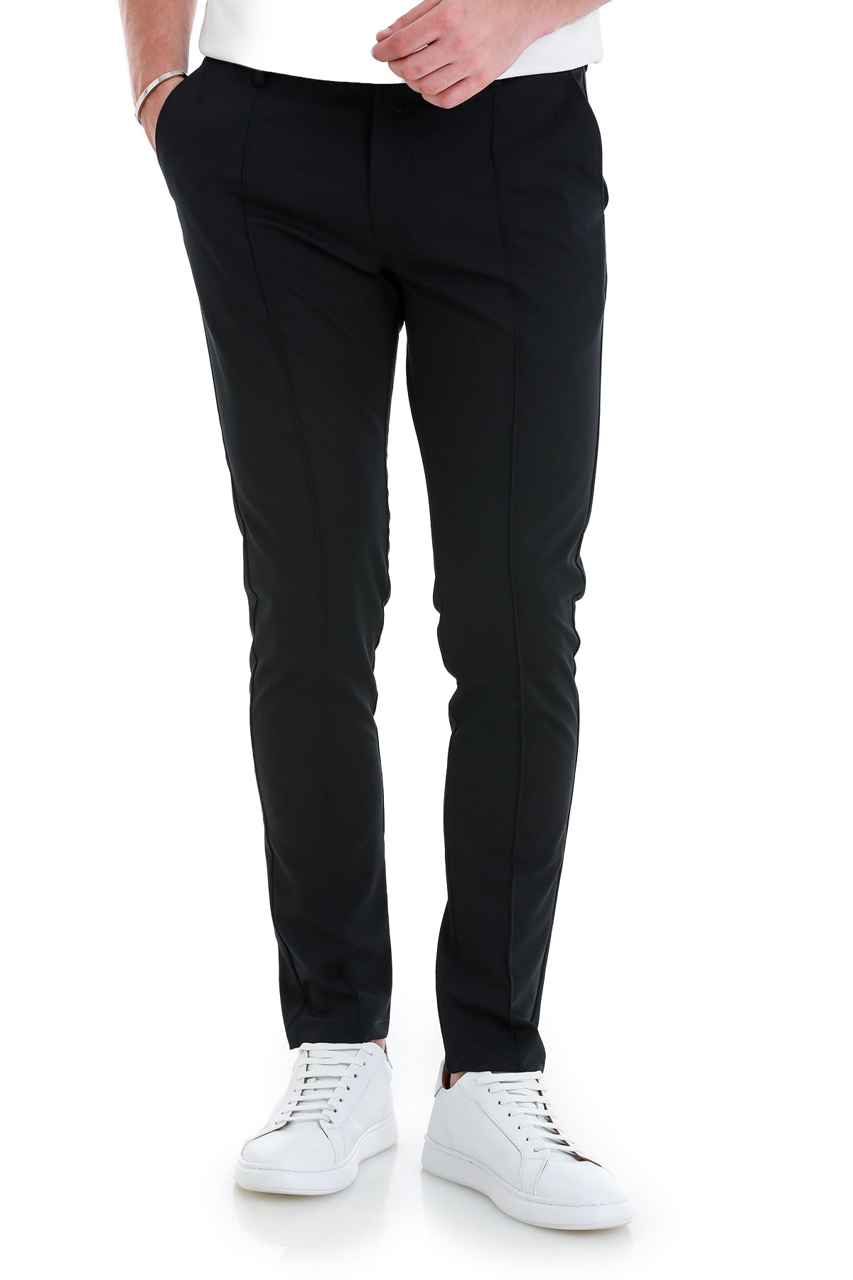 Black slim-fit trousers with a sleek, tailored design and subtle creases along the legs.