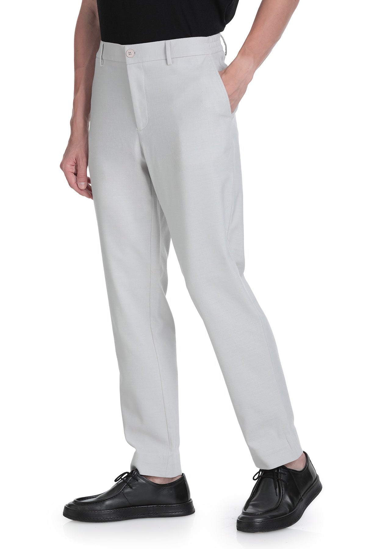 Light gray men’s dynamic fit stone linen blend jogger pants with tailored straight-leg cut and subtle creases