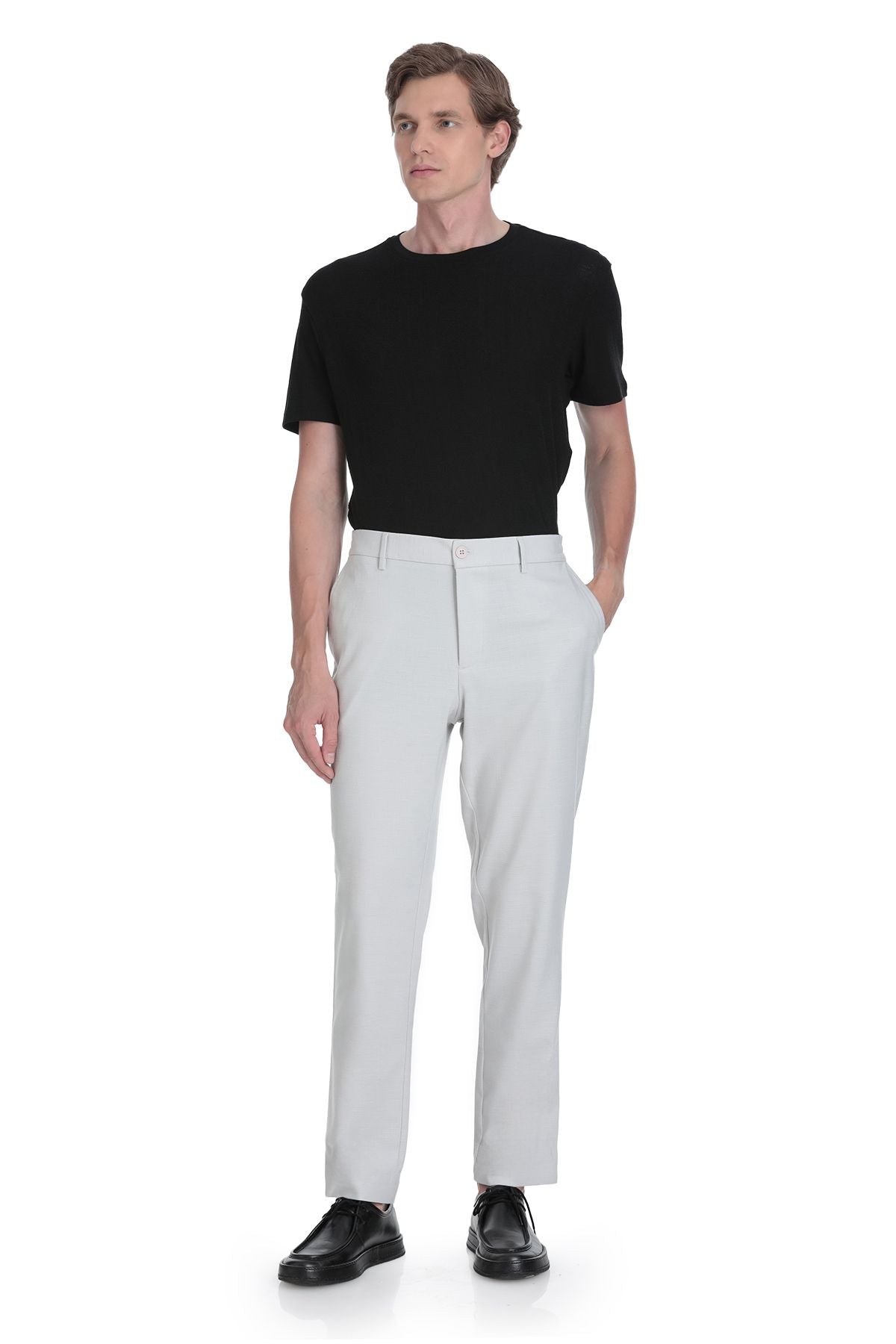 A pair of light gray dynamic fit stone linen blend jogger pants with slim fit and subtle creasing tailored design
