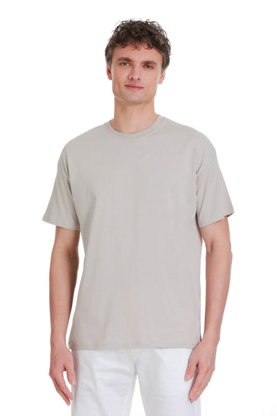 Ecru oversize crew neck t-shirt made of soft light gray cotton fabric with a simple design