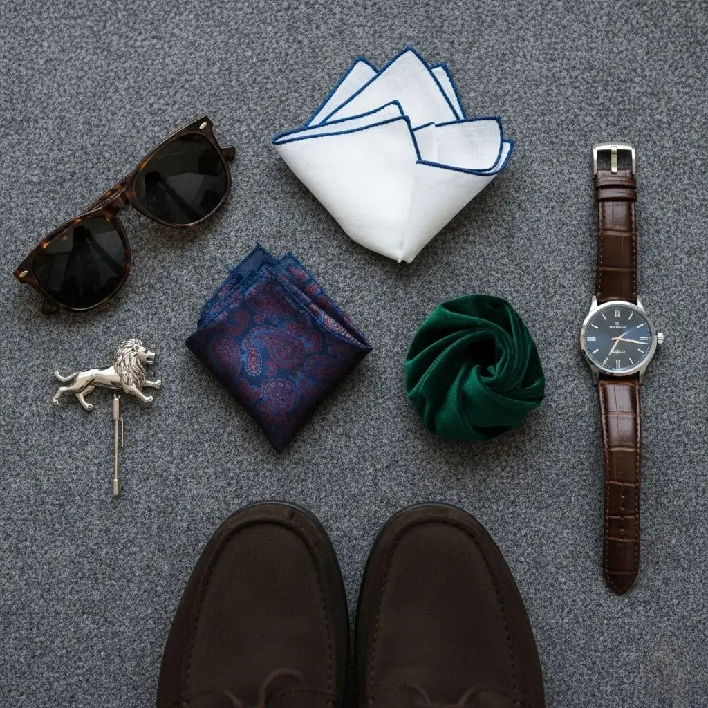 Flatlay of essential suit accessories including pocket squares, sunglasses, a lapel pin, a leather-strap watch, and dress shoes arranged on a gray background.