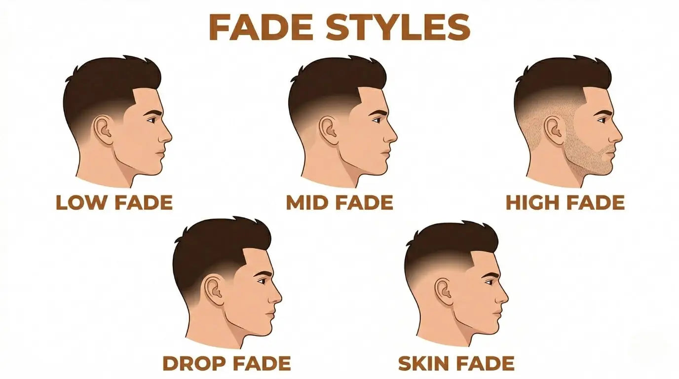 Infographic showing five fade haircut variations including low fade, mid fade, high fade, drop fade, and skin fade illustrated on male head profiles