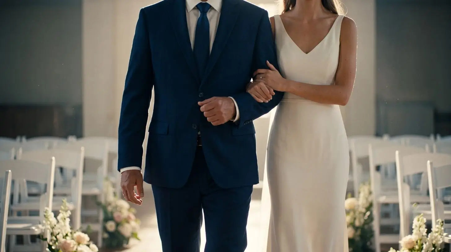Father in a navy suit walking his daughter down the aisle, her hand tucked into his arm in the traditional escort hold, front angle showing suit lapel and tie