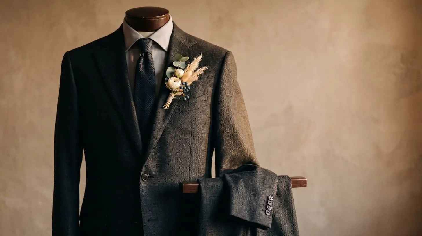 Charcoal suit jacket with lapel boutonniere styled for a father of the groom wedding look