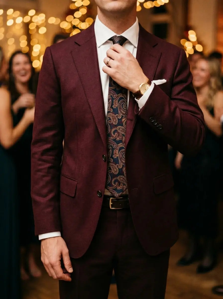 Man in a deep burgundy suit, white dress shirt, and navy and gold paisley silk tie adjusting his tie at a holiday party with warm bokeh lights, showing festive attire for men