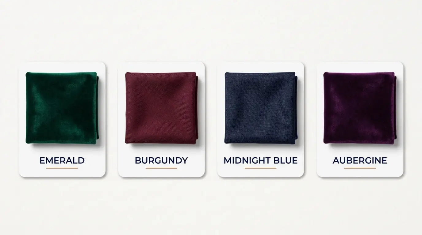Four festive jewel-tone men's suit fabric swatches labeled emerald velvet, burgundy wool, midnight blue wool, and aubergine velvet, shown as a color palette for festive attire and creative black tie