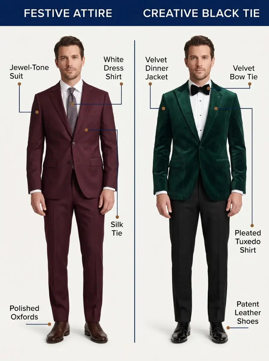 Side-by-side comparison infographic of festive attire versus creative black tie for men, labeling the jacket, shirt, neckwear, and shoes for a jewel-tone suit and a velvet tuxedo