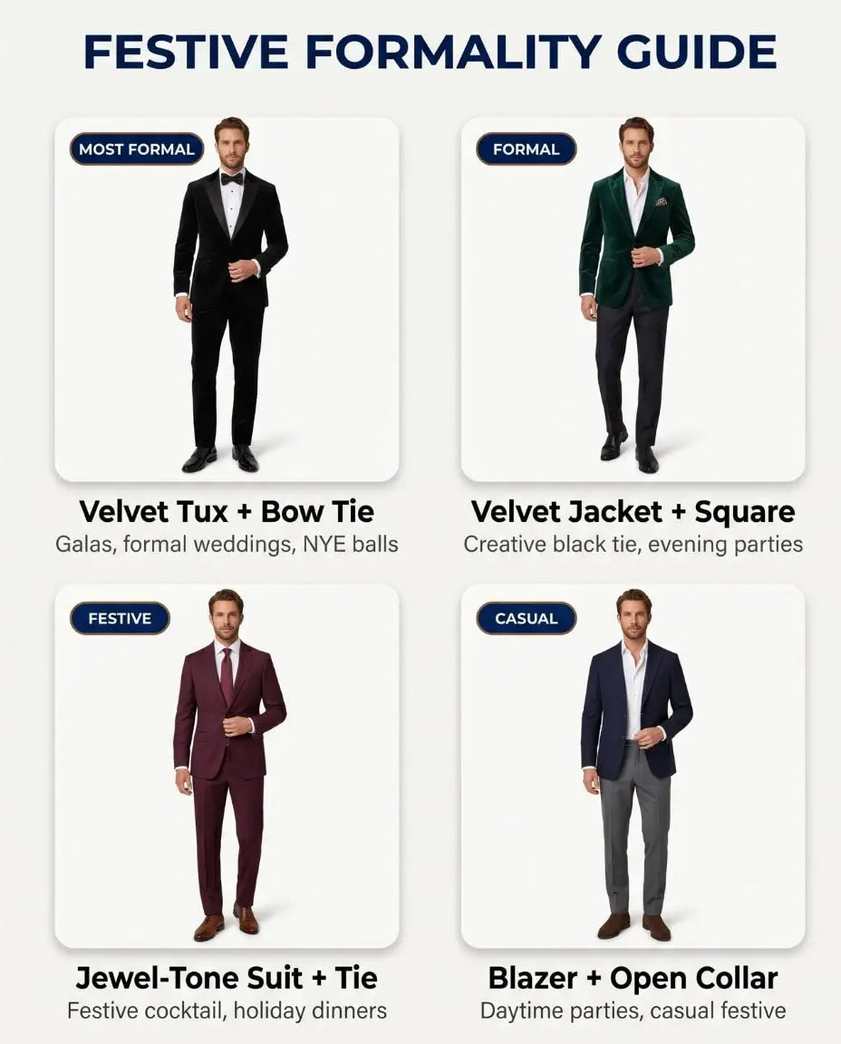 Festive formality guide infographic for men in a 2x2 grid from most formal to casual, showing a velvet tuxedo with bow tie, an emerald velvet jacket with pocket square, a burgundy jewel-tone suit with tie, and a navy blazer with open collar