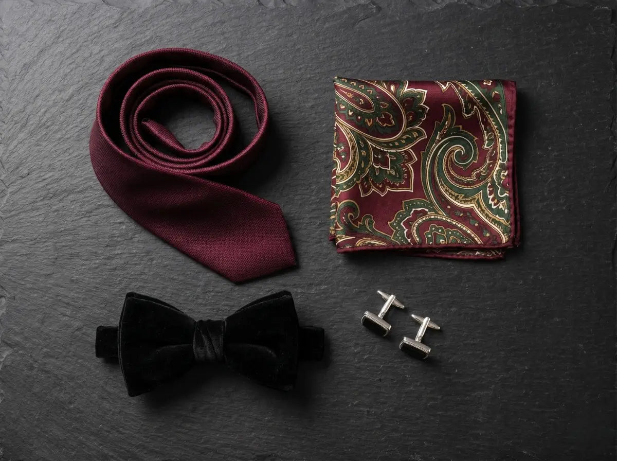 Flat lay of festive men's accessories on a dark slate surface, including a burgundy silk tie, a burgundy and green paisley pocket square, a black velvet bow tie, and silver cufflinks