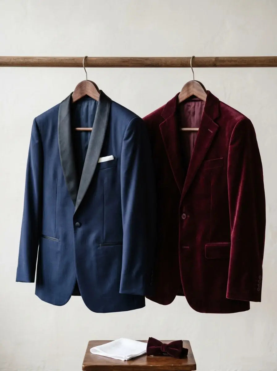 A midnight blue tuxedo jacket with satin shawl lapel beside a burgundy velvet suit jacket on wooden hangers, with a white pocket square and burgundy velvet bow tie, showing festive suit and tuxedo options for men