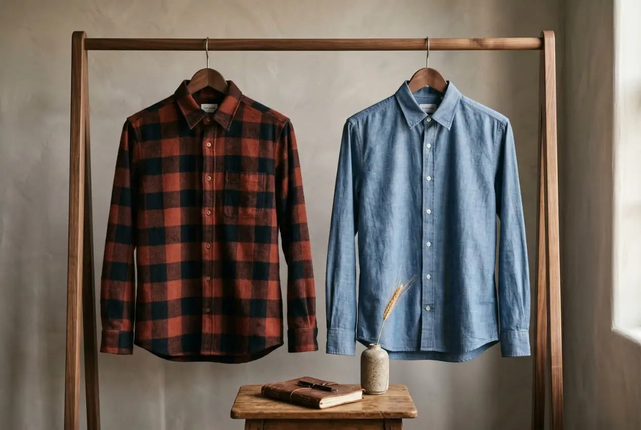 Red and black buffalo check brushed flannel shirt and pale blue chambray shirt hanging side by side on a walnut wood rack with a leather notebook and dried wheat in soft window light