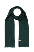 Deep green scarf with fringed edges and a subtle woven texture.