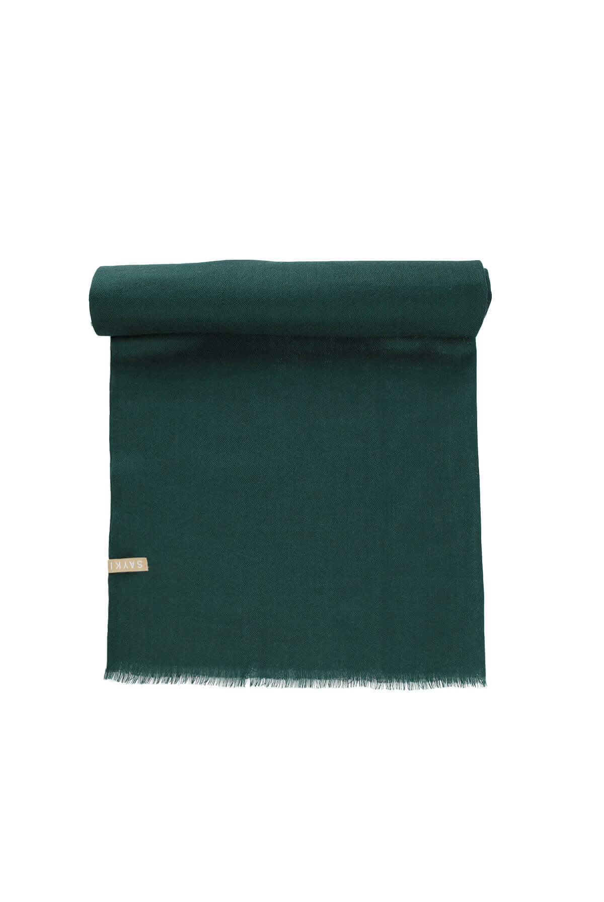 Deep green woolen scarf with a soft, textured surface and fringed edges.