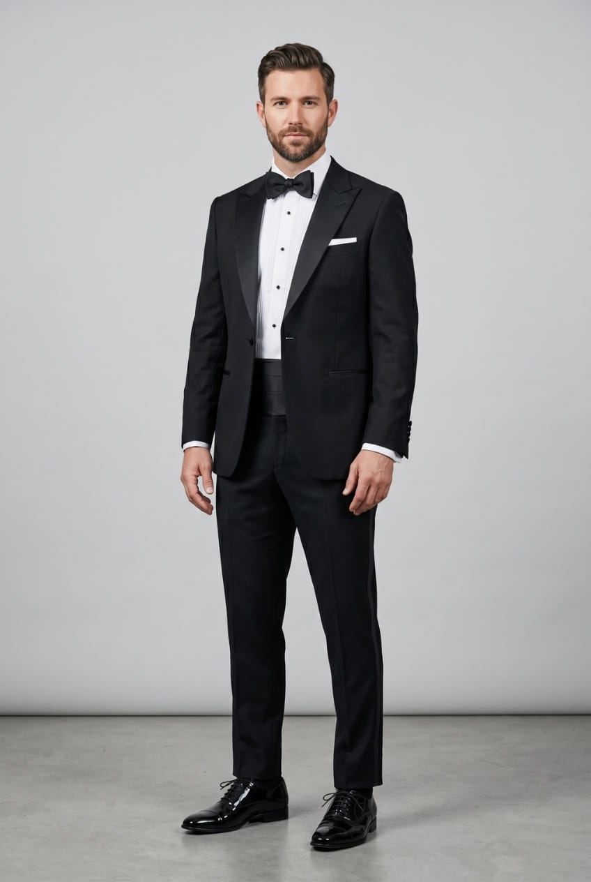 Classic black tuxedo with peak lapel for traditional black tie events