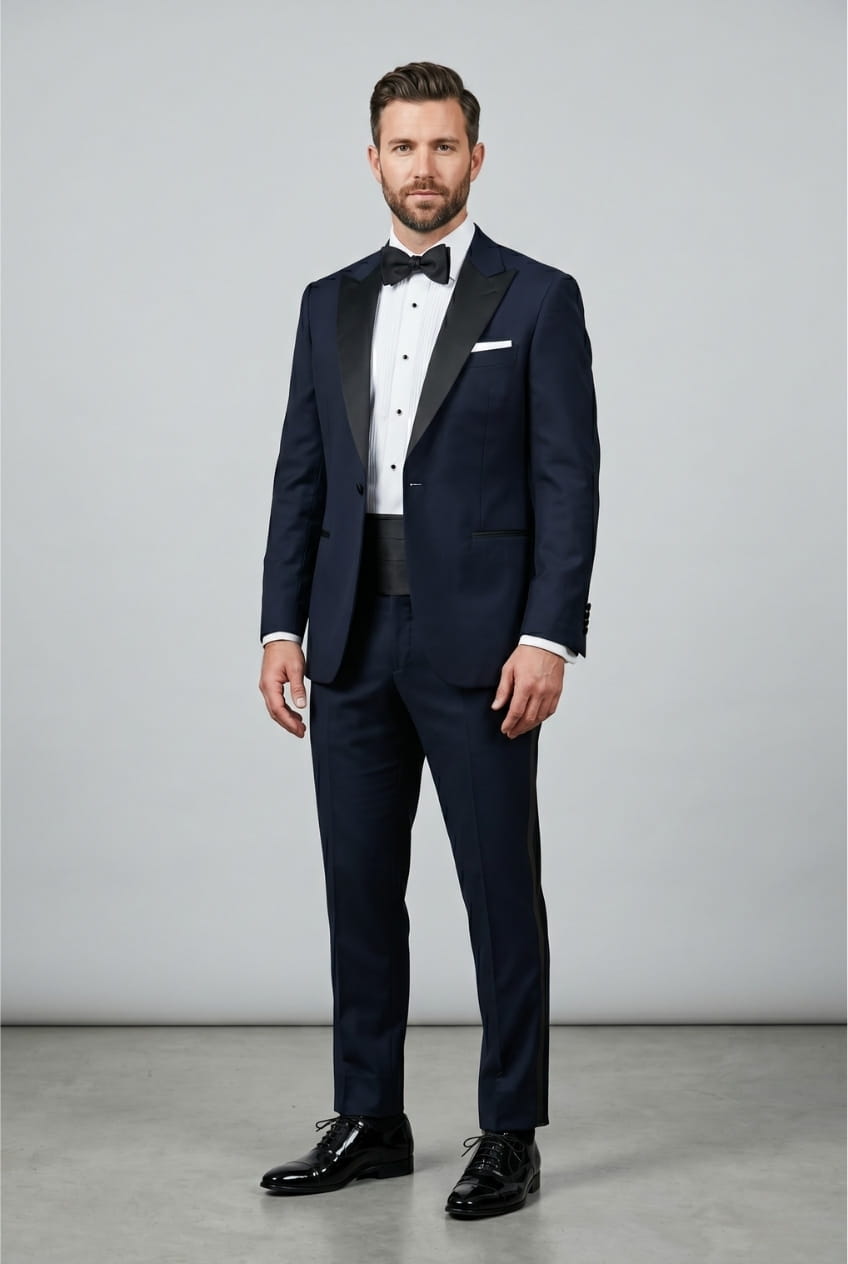 Midnight blue tuxedo with satin lapel for formal weddings