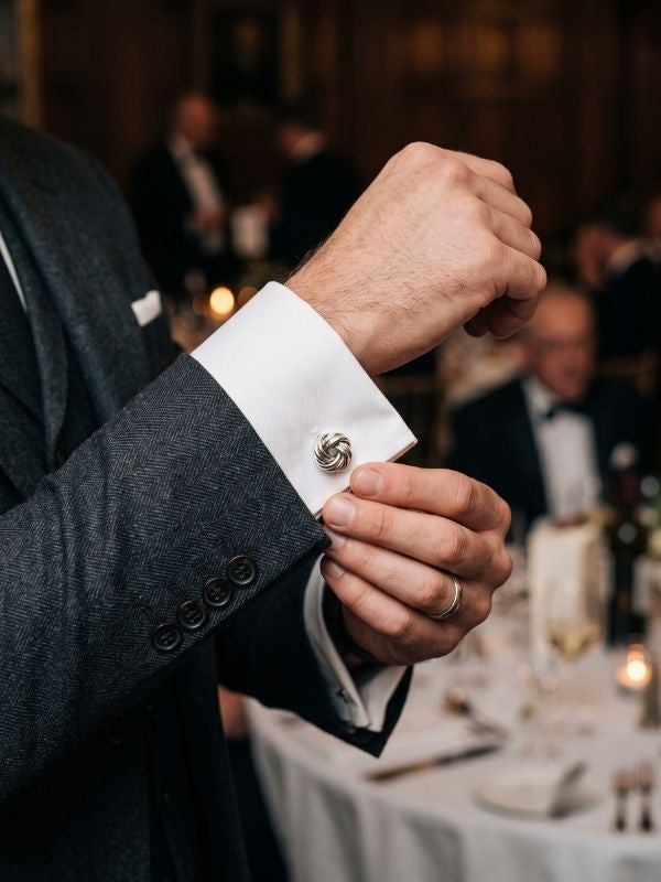 Close-up of a silver cufflink on a white French cuff dress shirt at a formal dinner