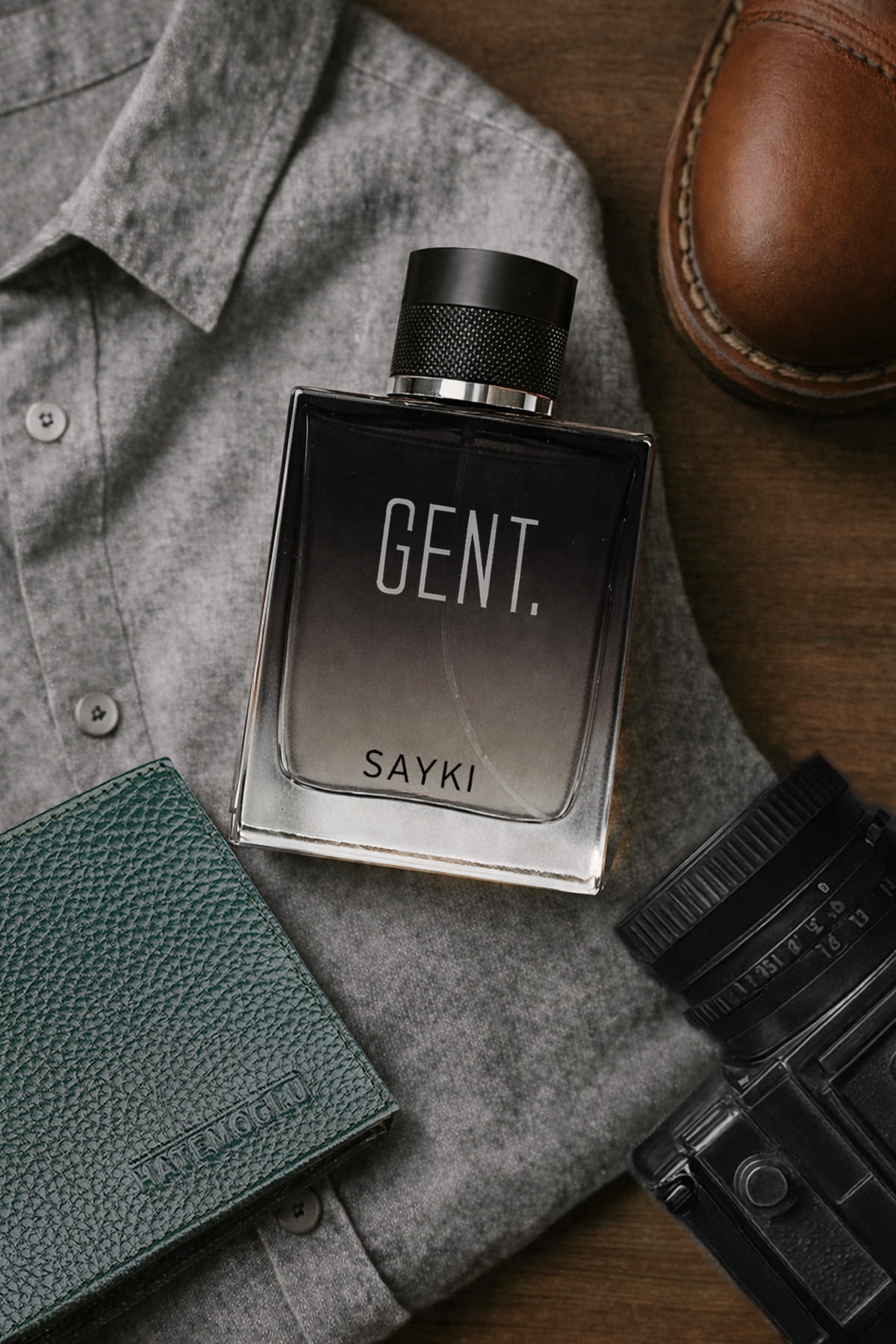 A sleek rectangular glass bottle of sayki gent men’s eau with black textured cap and gradient dark to clear liquid inside