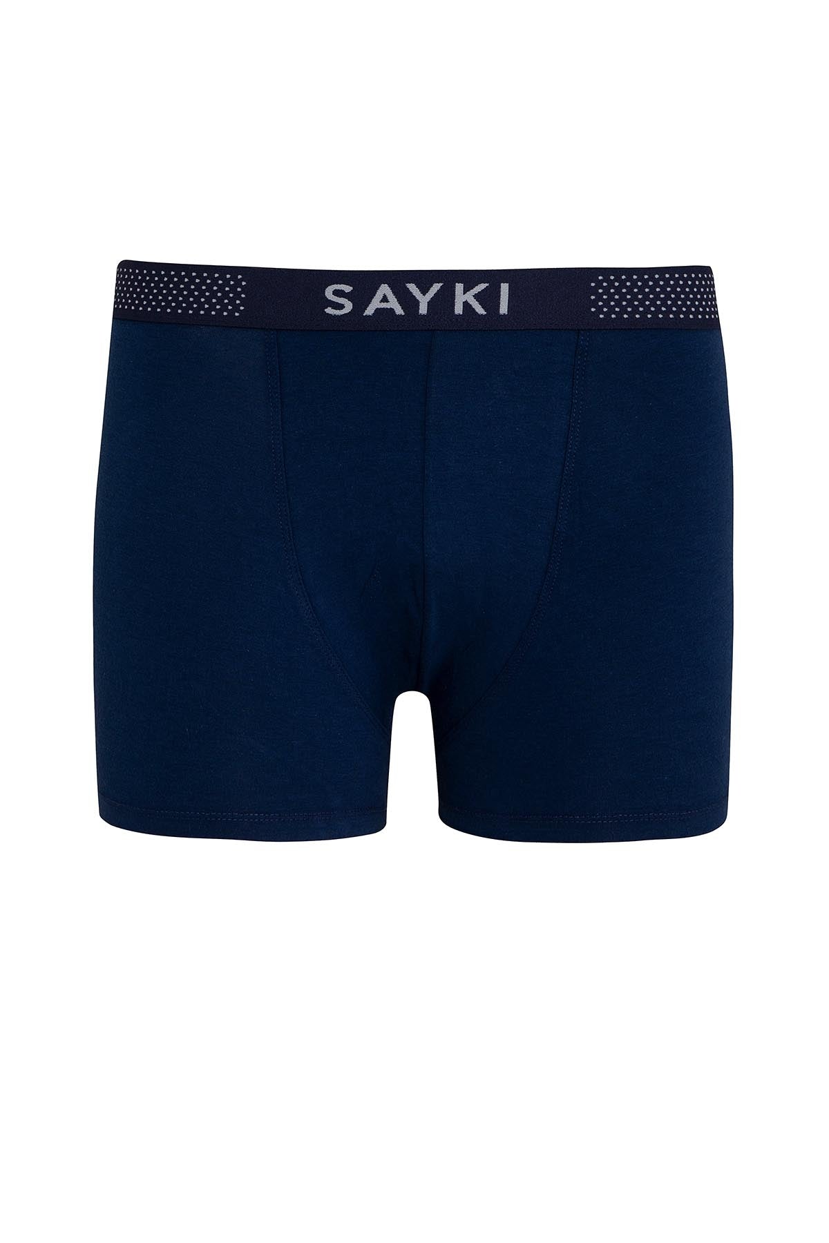 Navy blue sayki boxer briefs with a dotted elastic waistband.