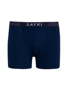 Navy blue sayki boxer briefs with a dotted elastic waistband.