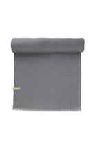 A soft, solid gray cashmere scarf with a subtle textured weave and fringed edges.