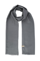A sleek, solid gray scarf with a soft, textured weave and gently frayed edges.