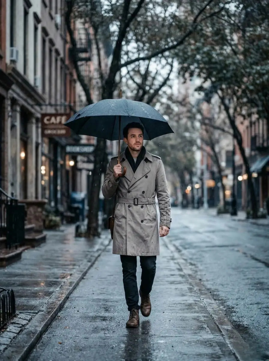 Man wearing a belted stone-colored trench coat walking in light rain on a city sidewalk while holding a dark umbrella