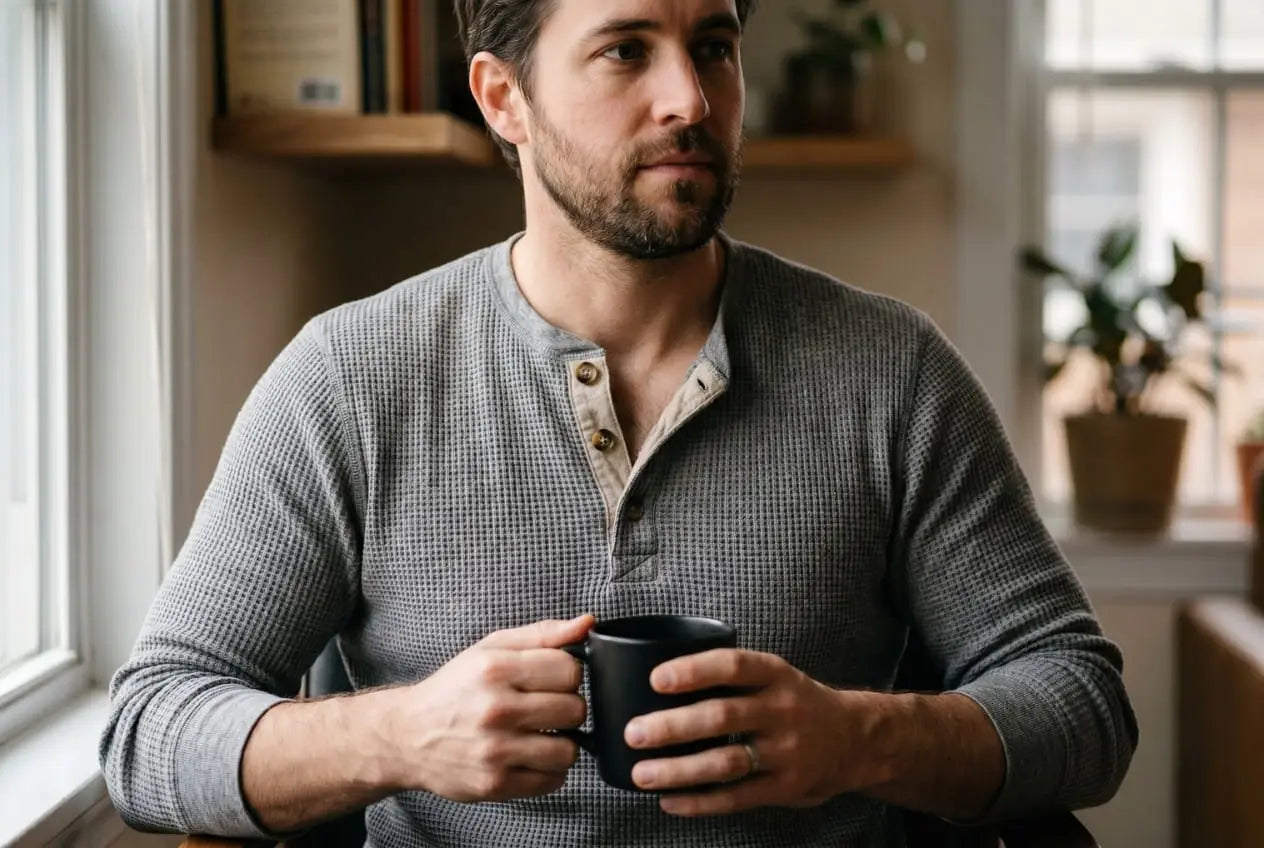Man wearing a heather gray heavyweight waffle-knit Henley shirt with three buttons unbuttoned holding a black ceramic coffee mug in soft window light