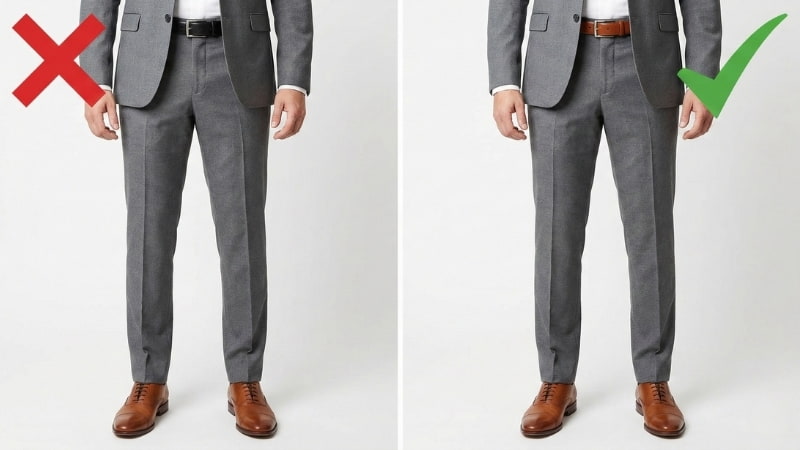 Correct and incorrect belt matching with brown shoes and a grey suit