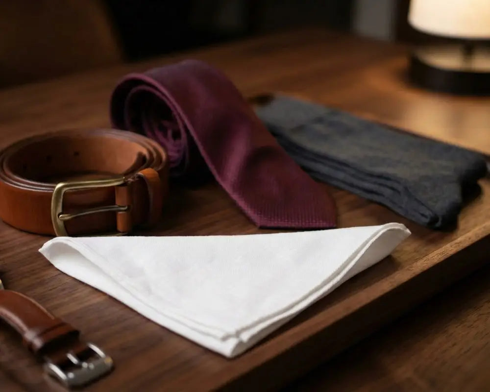 Cognac leather belt, burgundy silk tie, grey dress socks, and white pocket square arranged on a walnut tray
