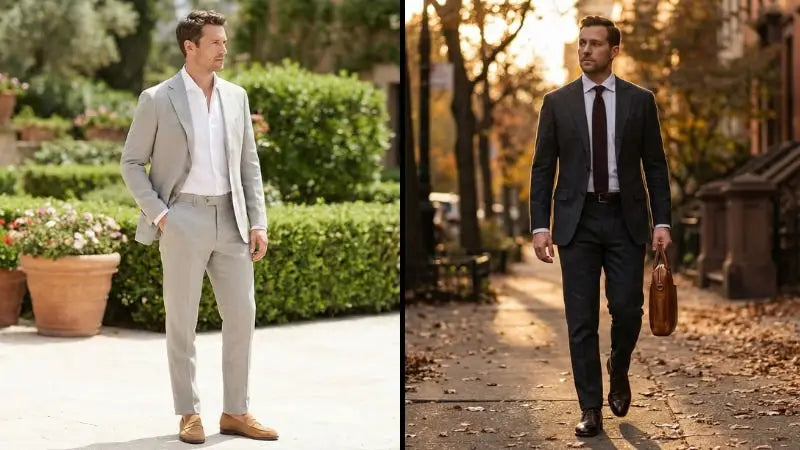 Seasonal comparison of a light grey suit with tan suede loafers for summer and a charcoal suit with dark brown Oxfords for autumn