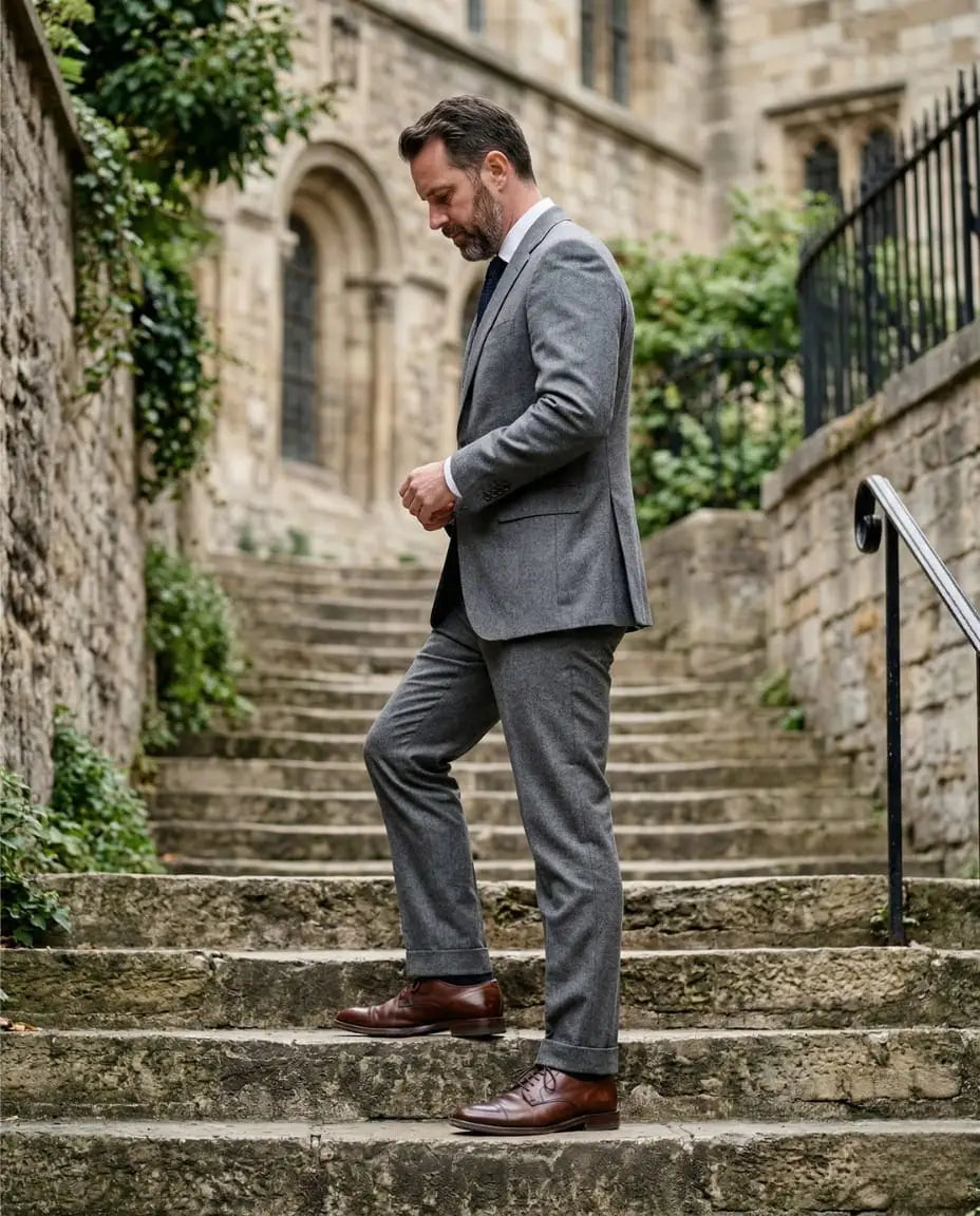 Man in a medium grey suit and dark brown derby shoes standing on stone steps in a European street