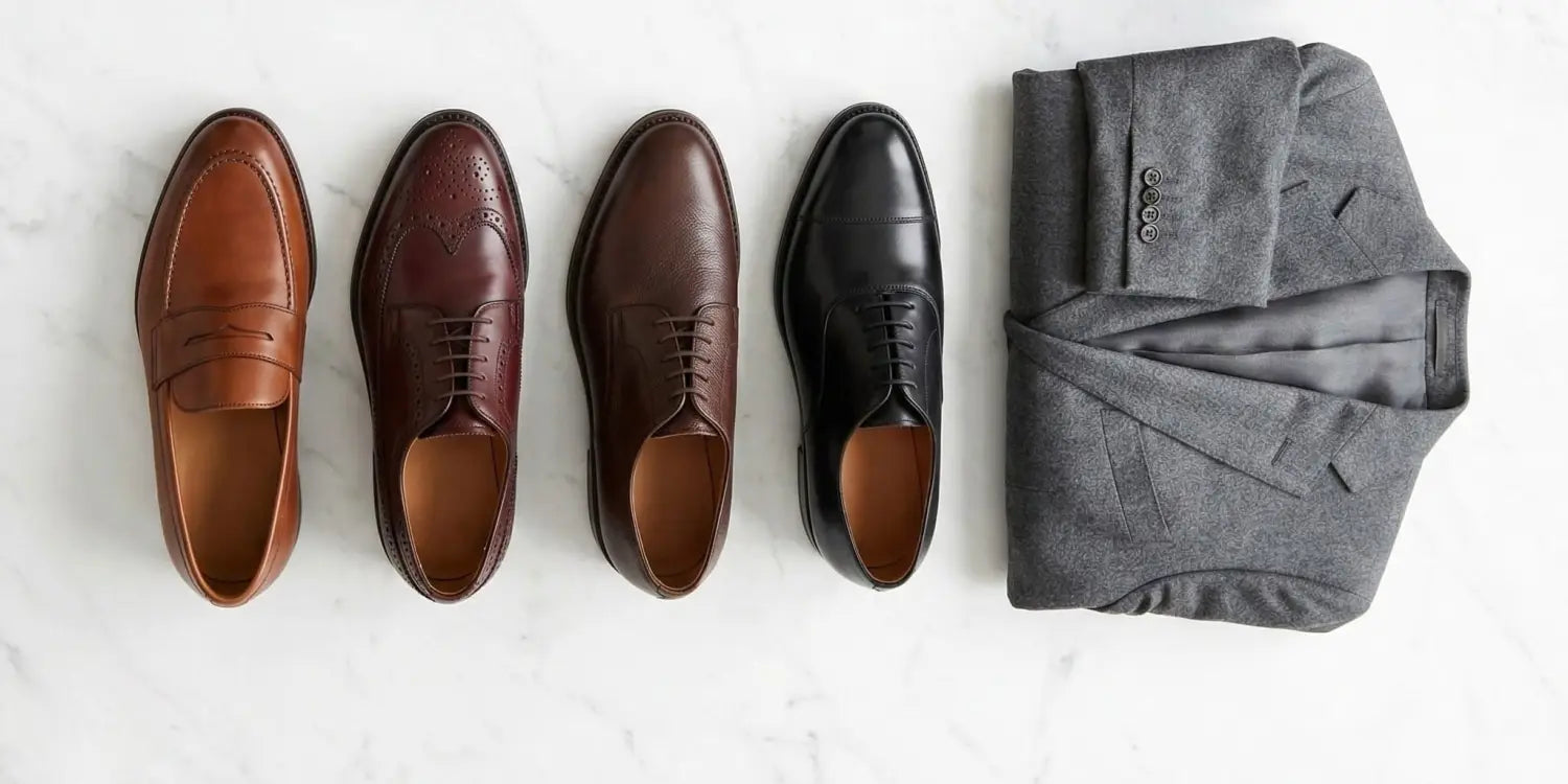 Flat lay of four shoe color options for a grey suit on white marble: cognac penny loafer, burgundy brogue derby, dark brown derby, and black oxford next to a folded grey suit jacket