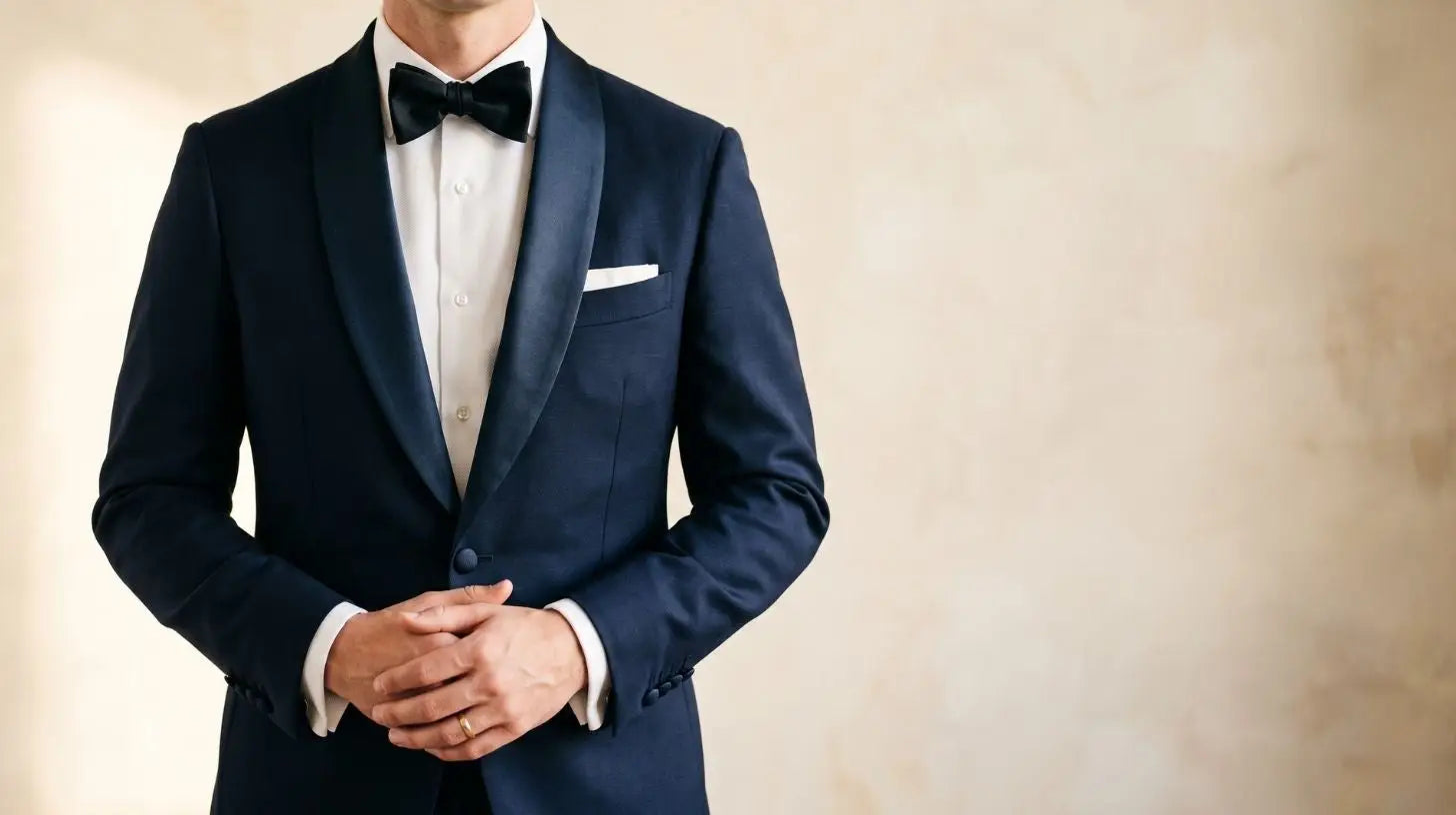 Midnight blue tuxedo jacket and charcoal suit jacket side by side on wooden hangers against a warm gray background, groom wedding attire comparison