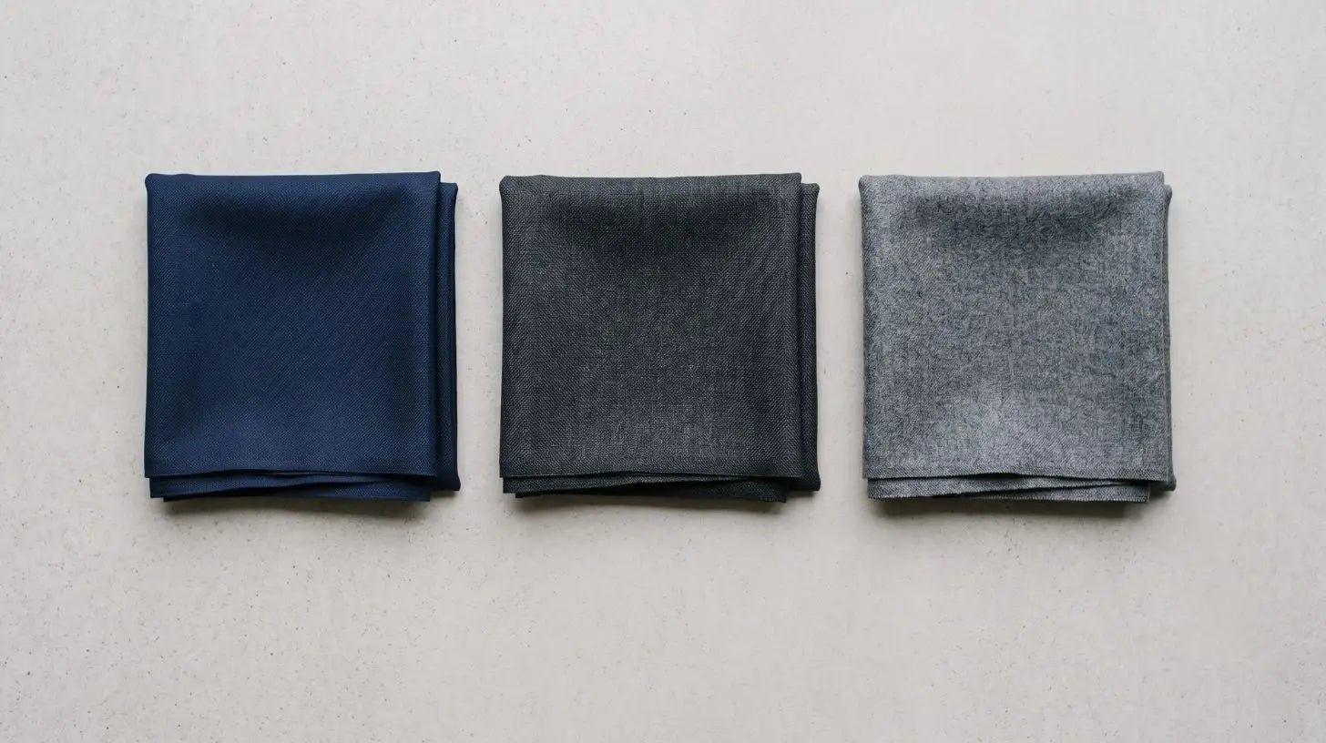 Navy, charcoal, and mid-gray suit fabric swatches arranged flat-lay for groomsmen color selection