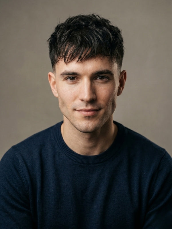 Man with a heart-shaped face wearing a textured fringe haircut and a dark crewneck sweater