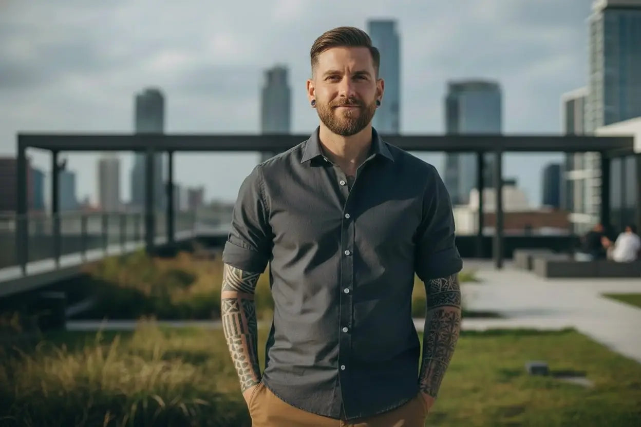 Man with tattoos standing on a rooftop with city skyline in the background