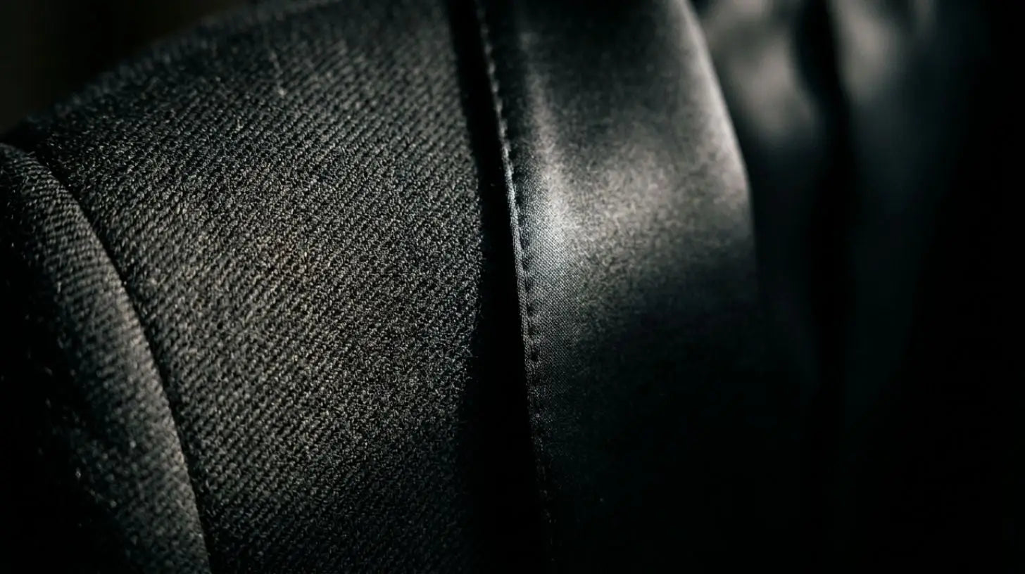 Close-up of black wool tuxedo fabric next to a satin lapel facing, showing weave and sheen difference, no model