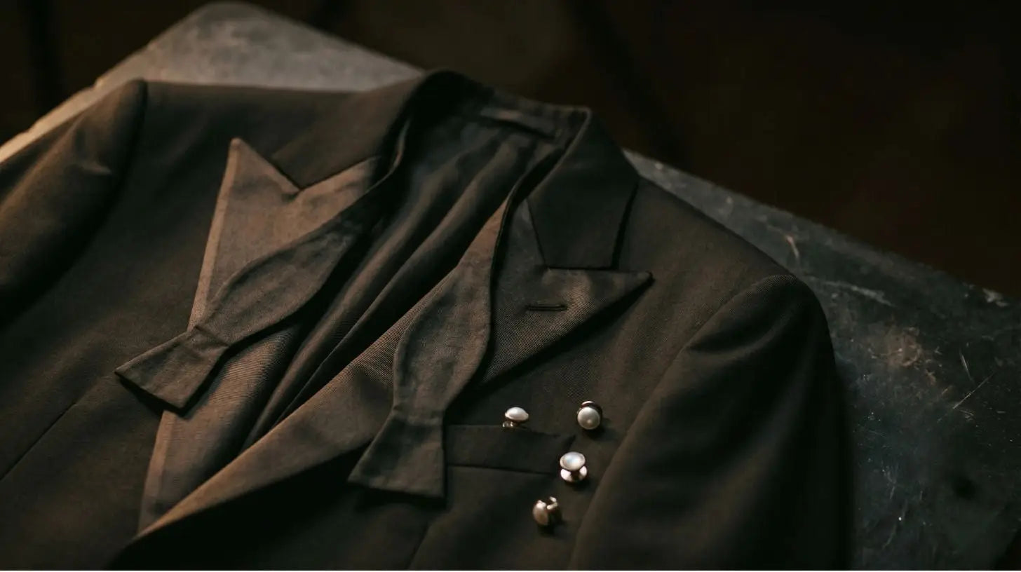 Black peak-lapel tuxedo with satin facing and a self-tie bow tie arranged on a dark charcoal surface