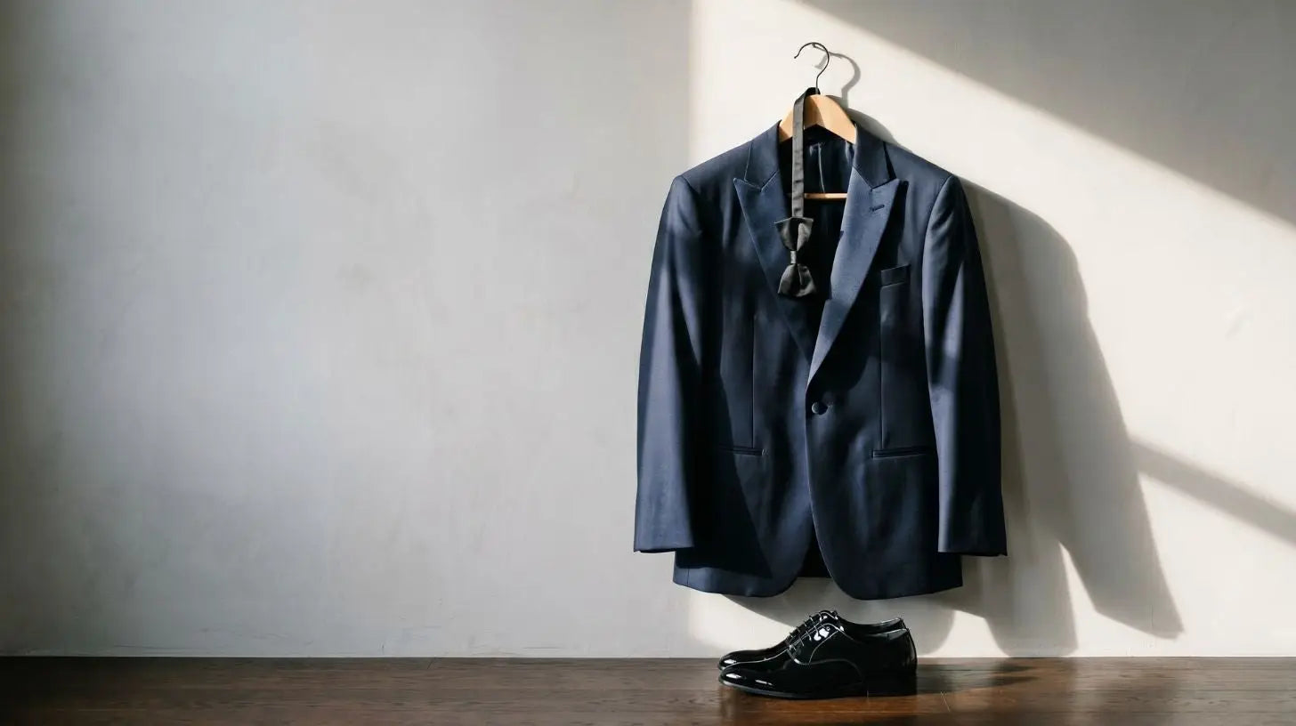 Midnight-blue prom tuxedo jacket on a wooden hanger beside a black bow tie and patent oxford, soft daylight on a light gray wall