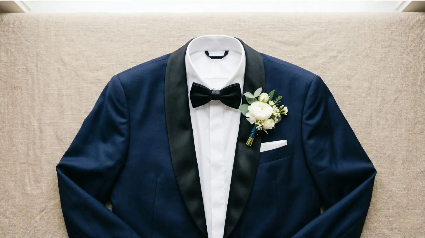 Midnight-blue shawl-collar tuxedo with white boutonniere laid flat on a warm beige surface in bright window light