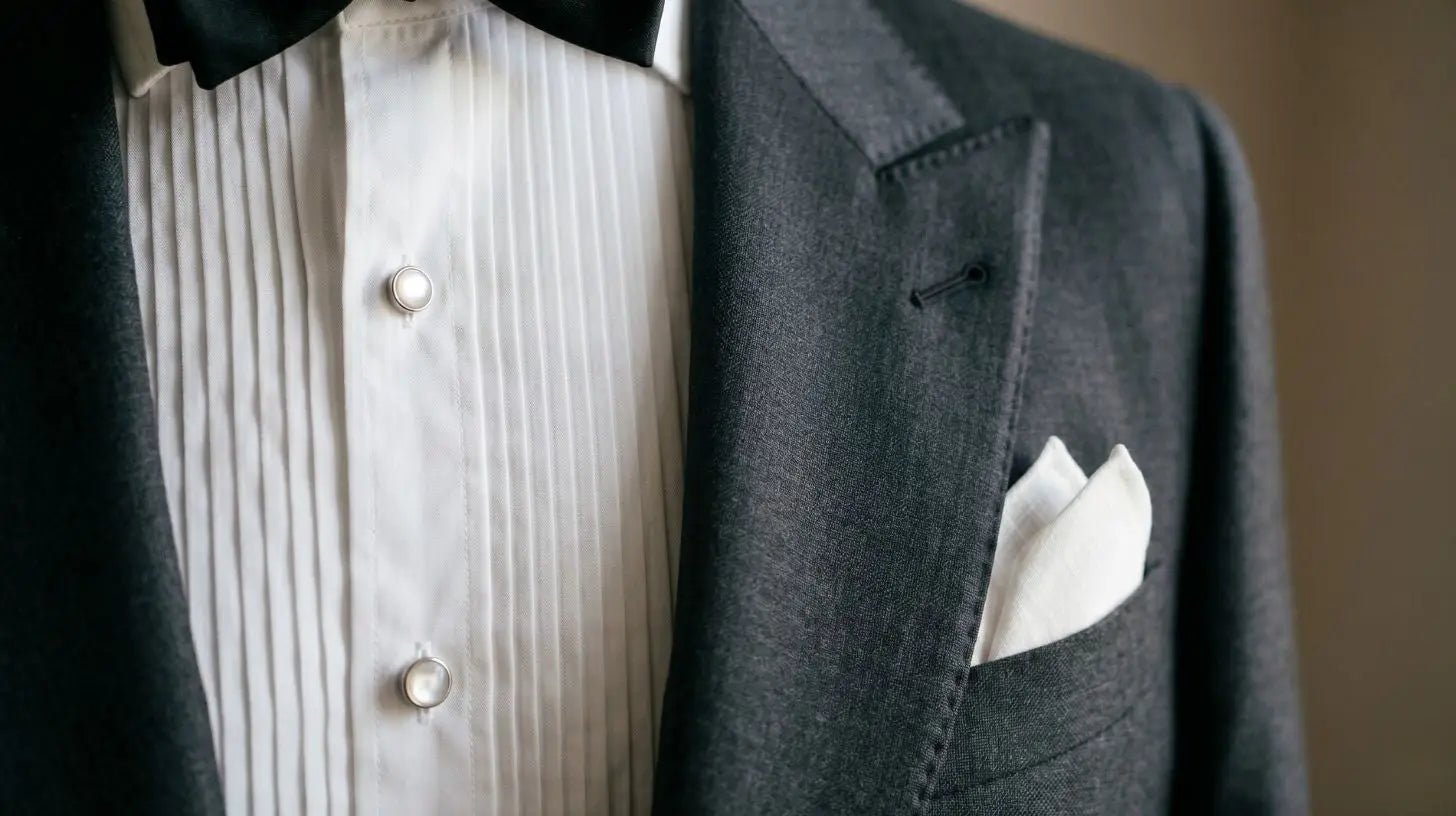 Charcoal peak-lapel tuxedo with mother-of-pearl studs and a folded white pocket square on a soft taupe surface, warm side light