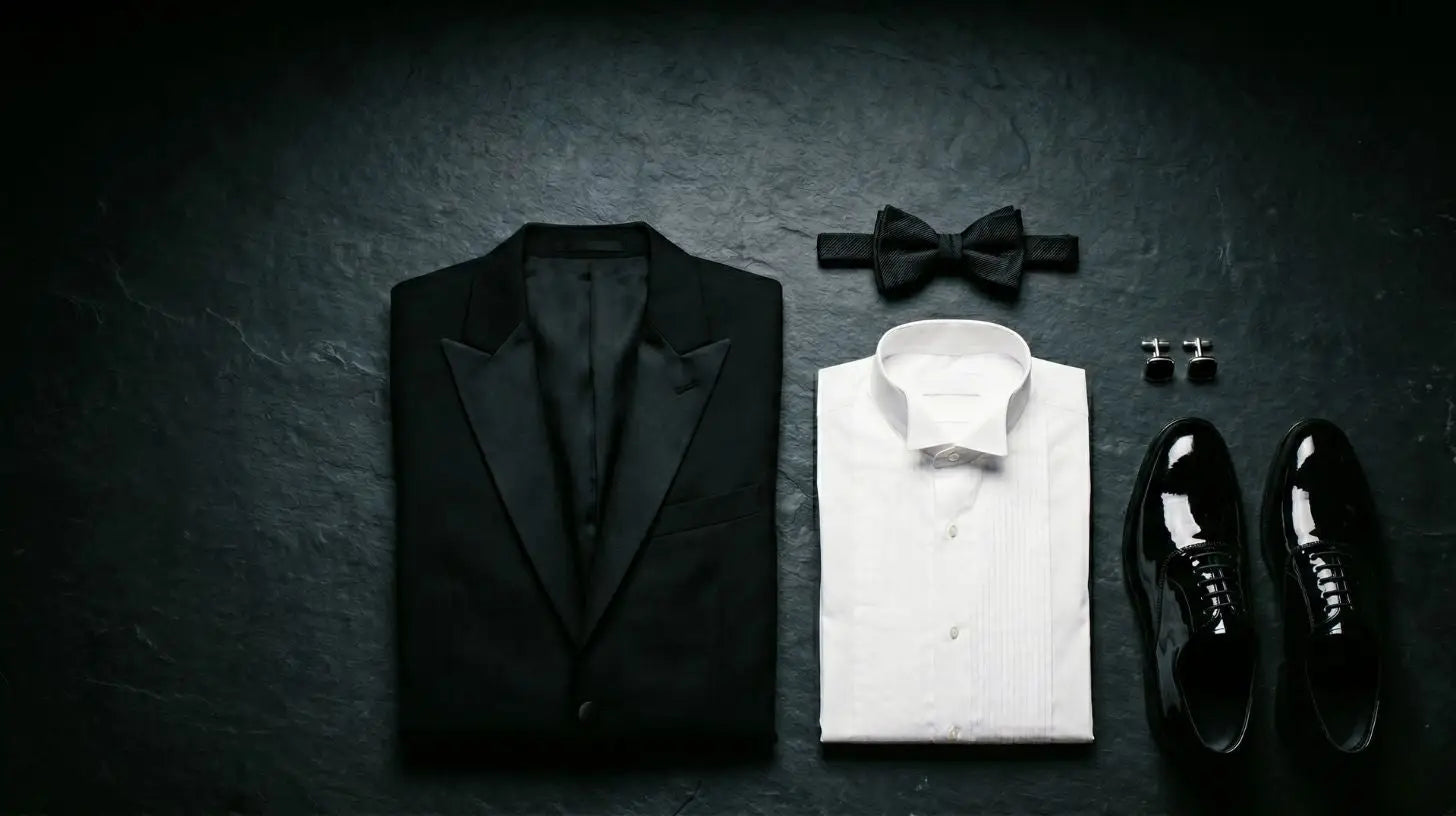 Complete black-tie outfit flat-lay with tuxedo jacket, pleated shirt, black bow tie, cufflinks, and patent oxfords on deep charcoal, moody low-key light